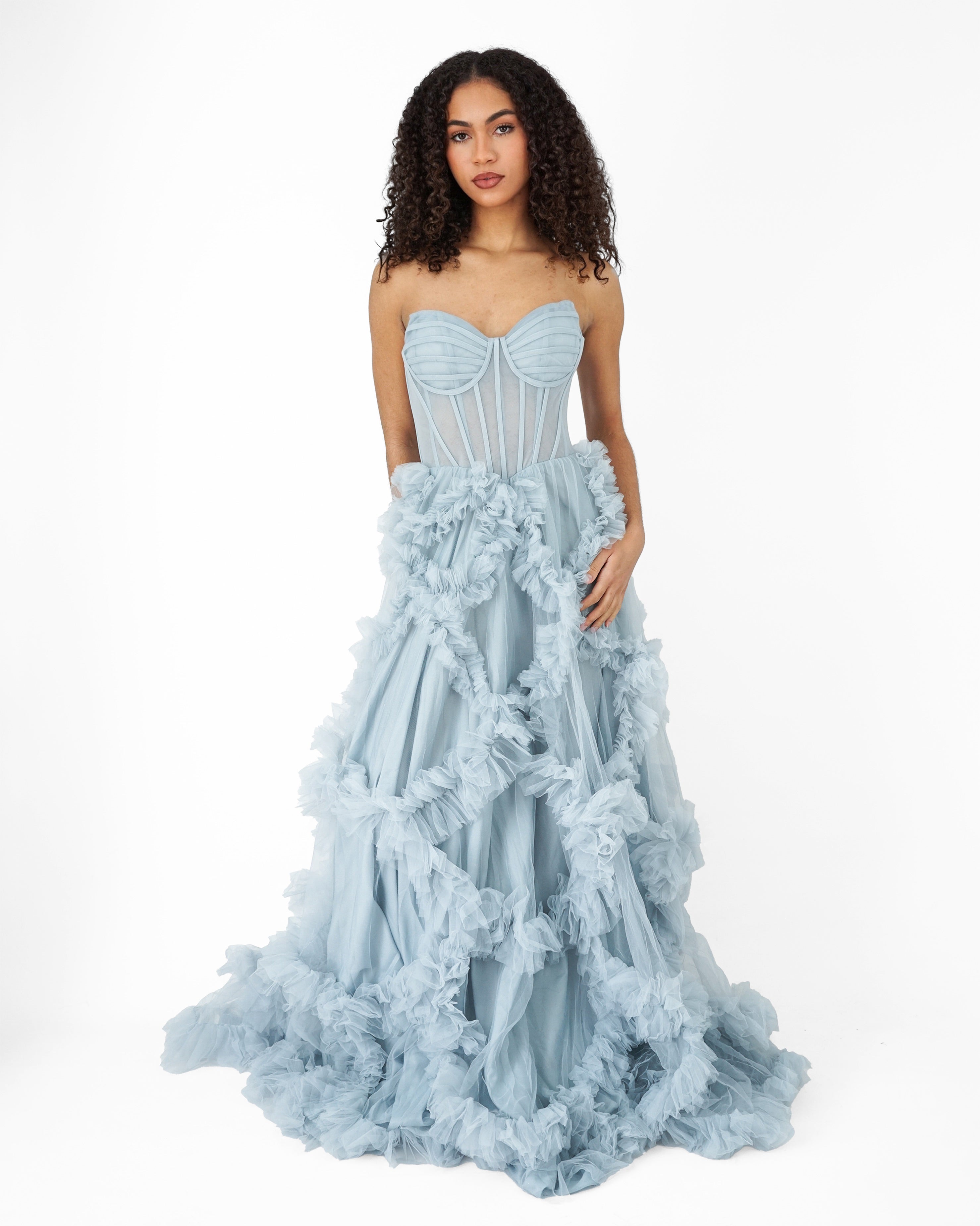 Alba - Longue robe en tulle bleu gris