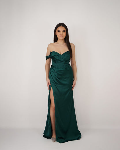 Robe Corset Asymétrique En Satin Vert Emeraude