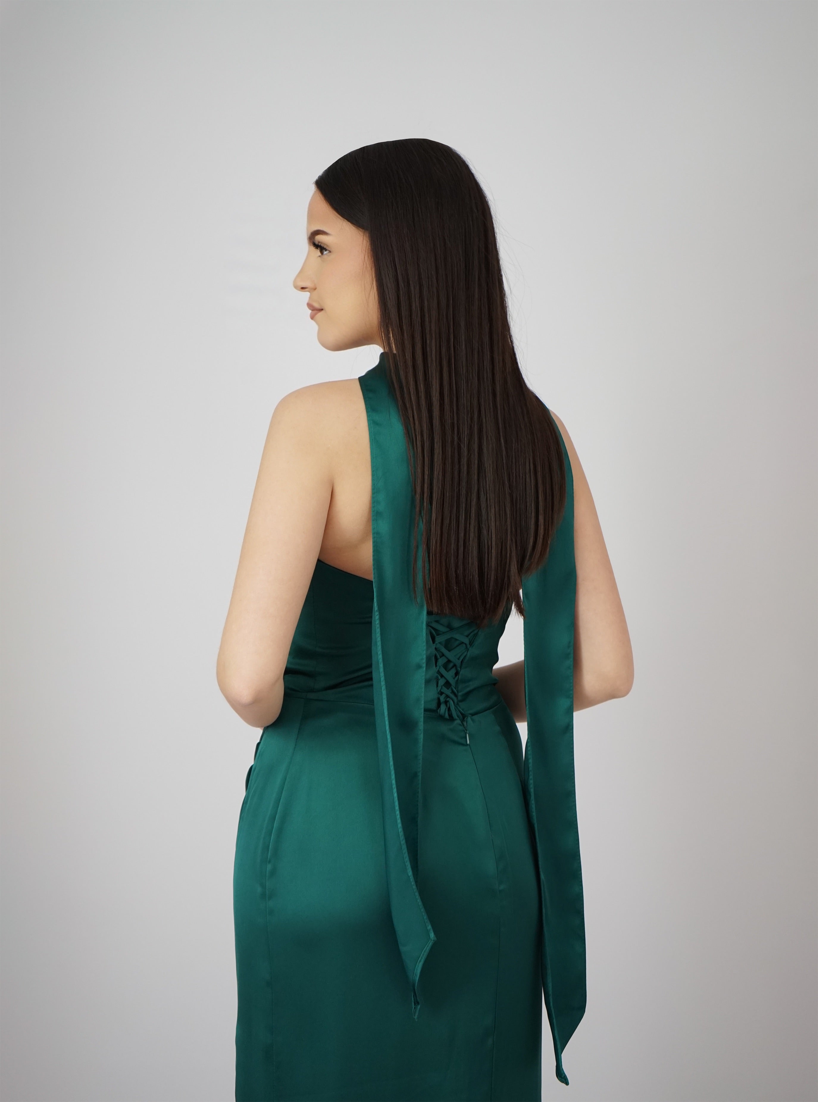 Sia Robe Bustier En Satin Vert Emeraude