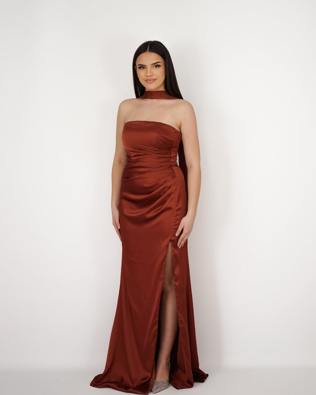 Sia Robe Bustier En Satin Terracotta