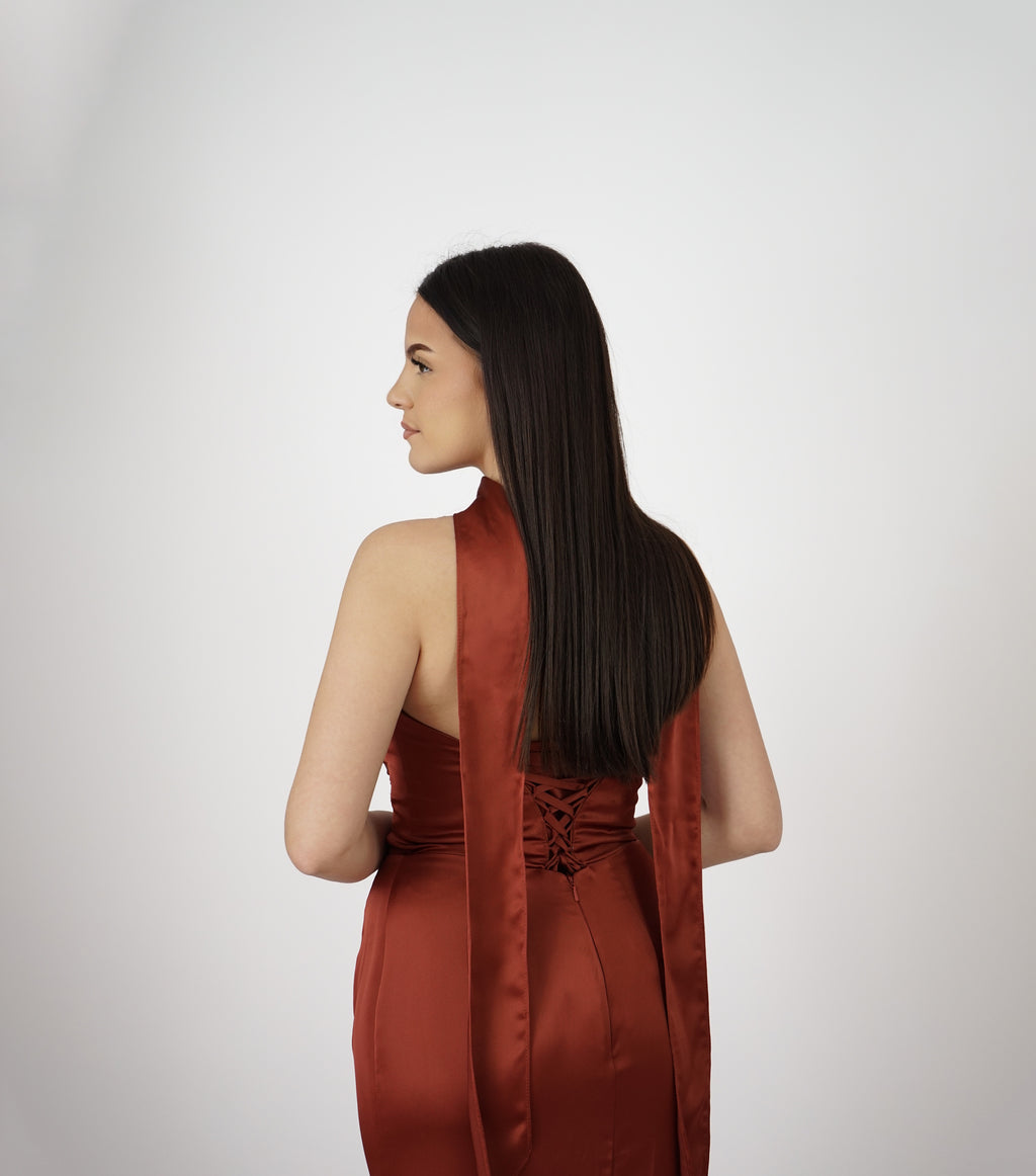 Sia Robe Bustier En Satin Terracotta