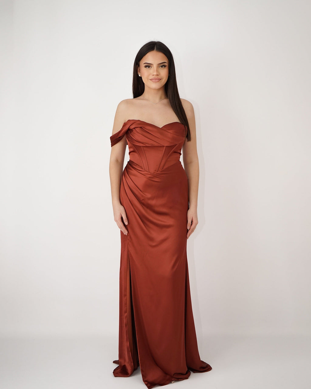Nova Robe Corset Asymétrique En Satin Terracotta