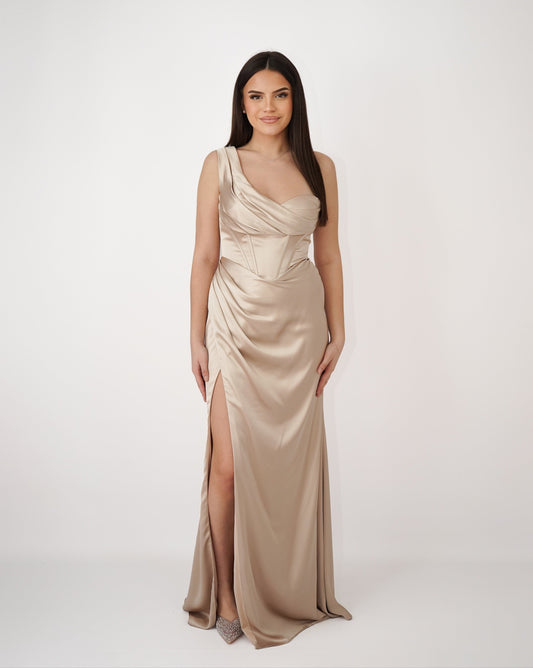 Nova - Robe corset asymétrique en satin champagne
