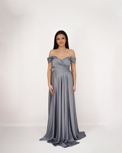 Longue robe à épaules dénudée bleu poussiéreux