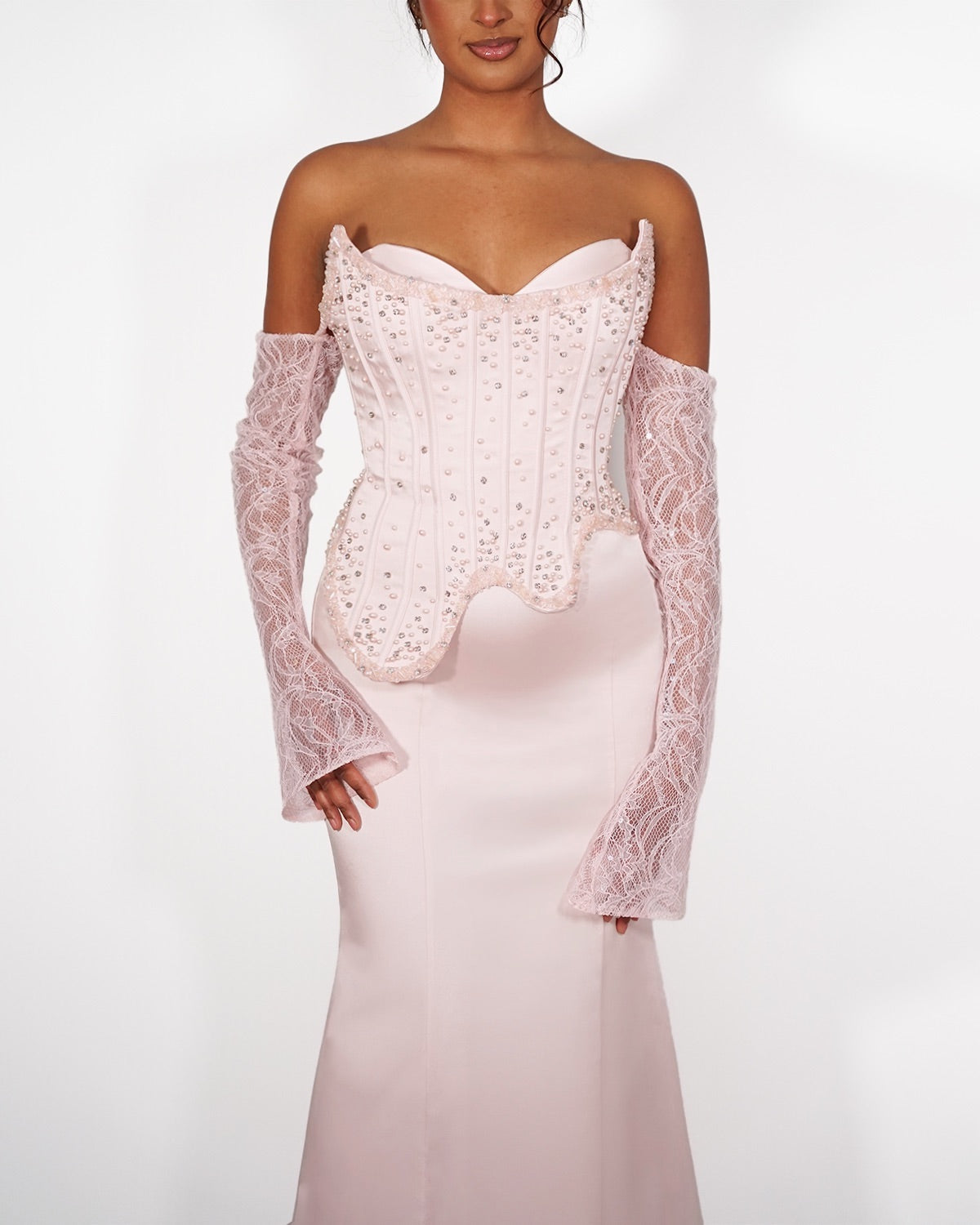 Valentina - Robe longue perlée rose poudré