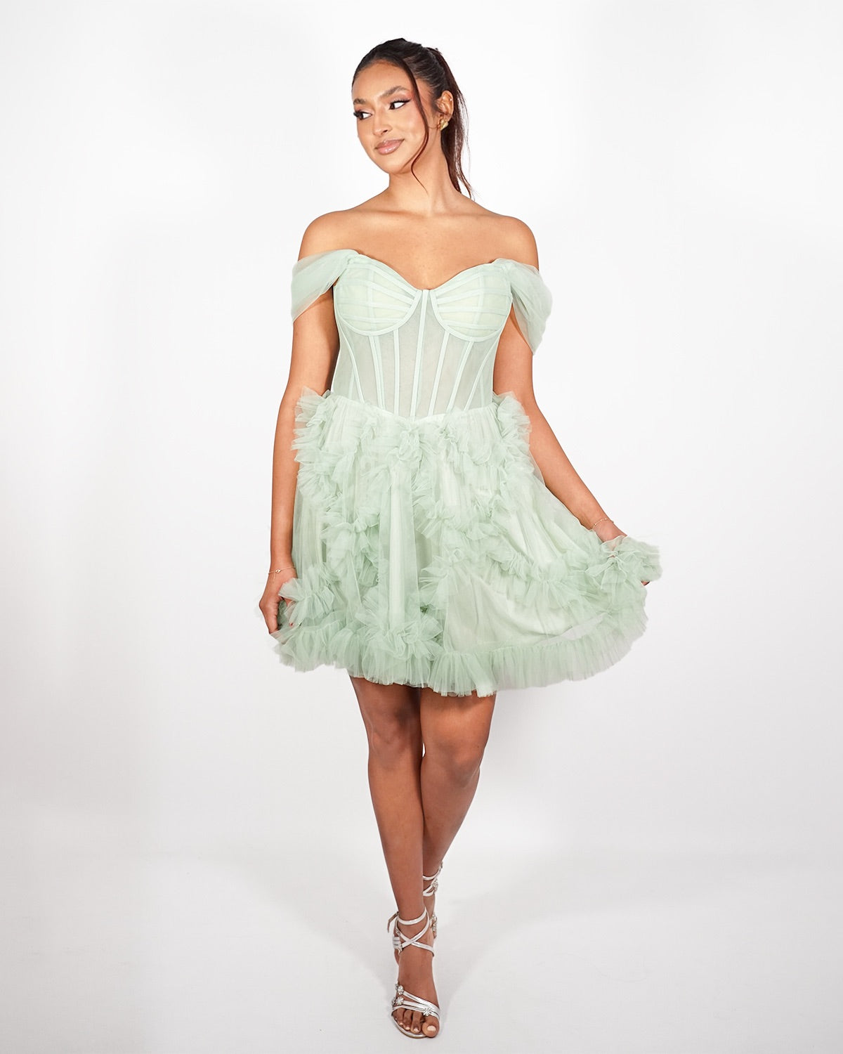 Alba - Robe courte en tulle vert sauge