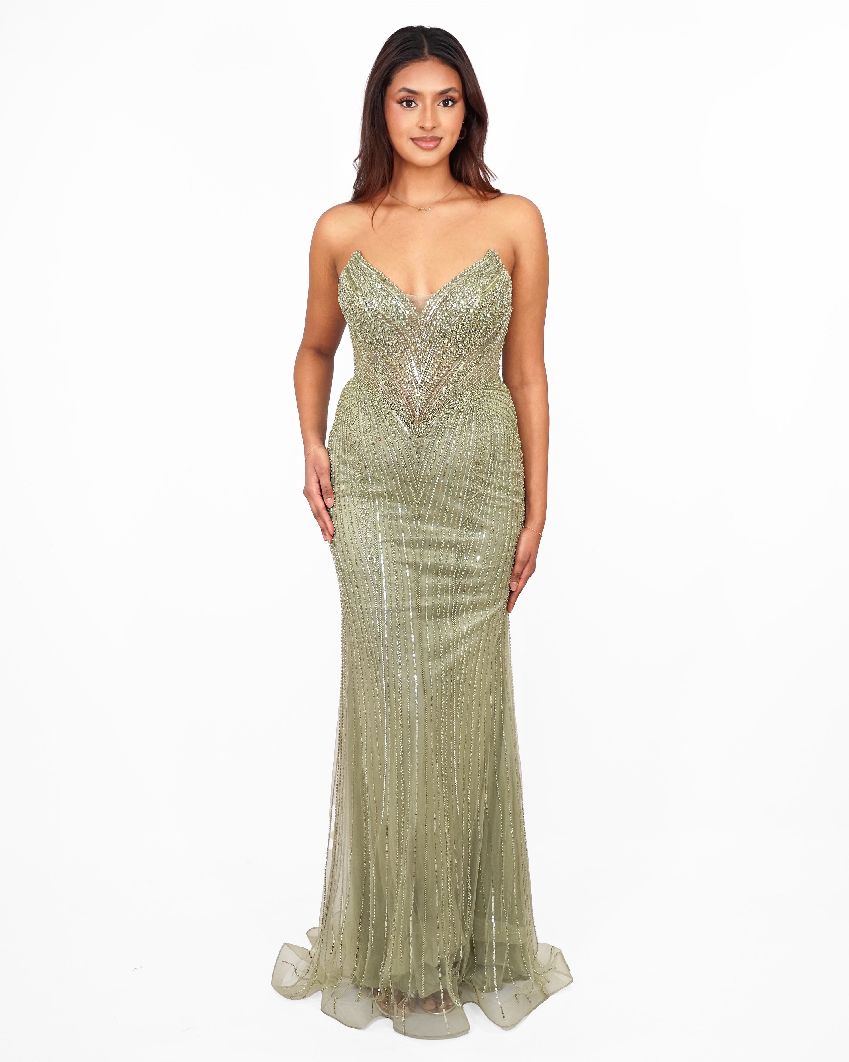 Rosalie - Longue robe vert olive à corset brodé