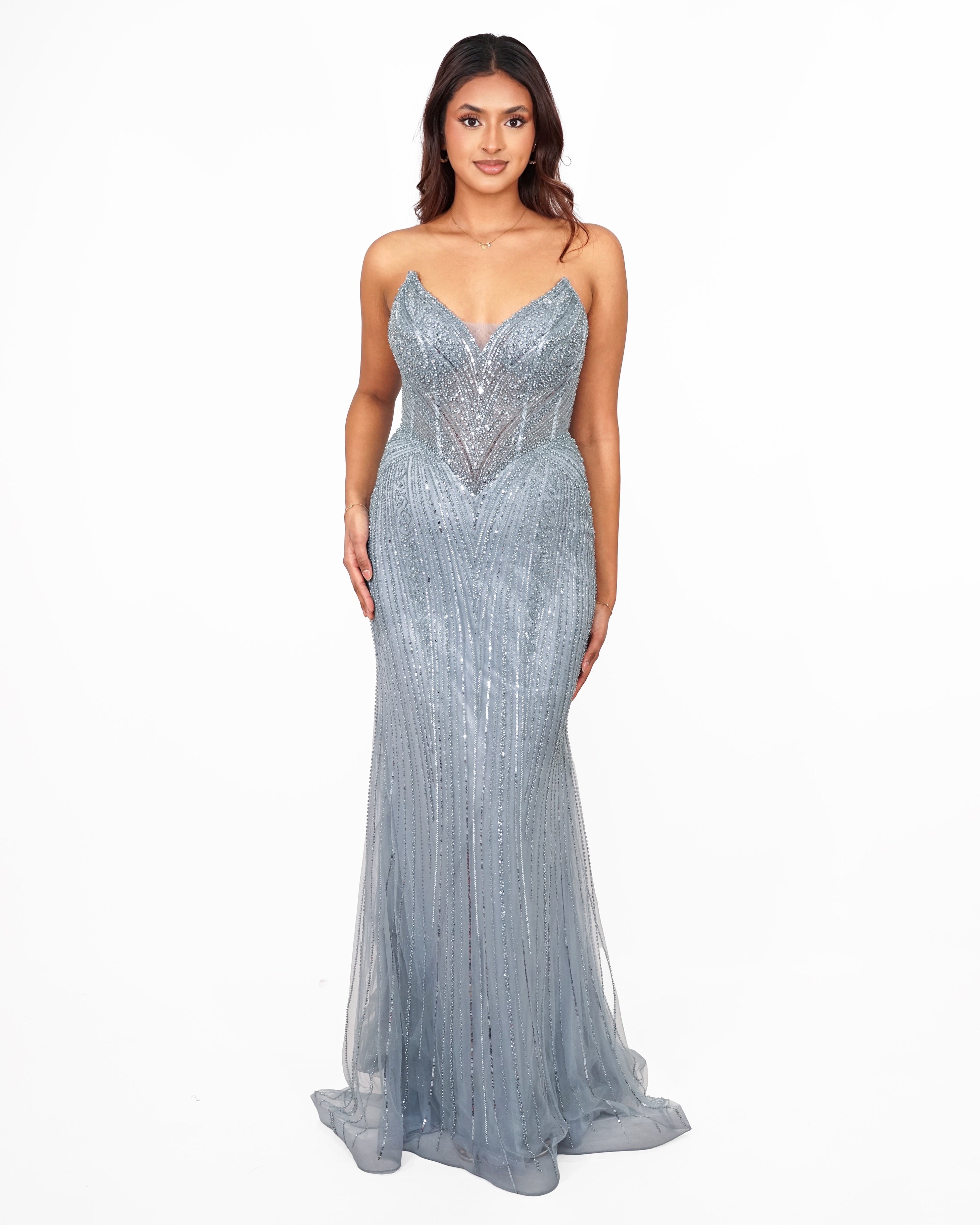 Rosalie - Longue robe bleue à corset brodé