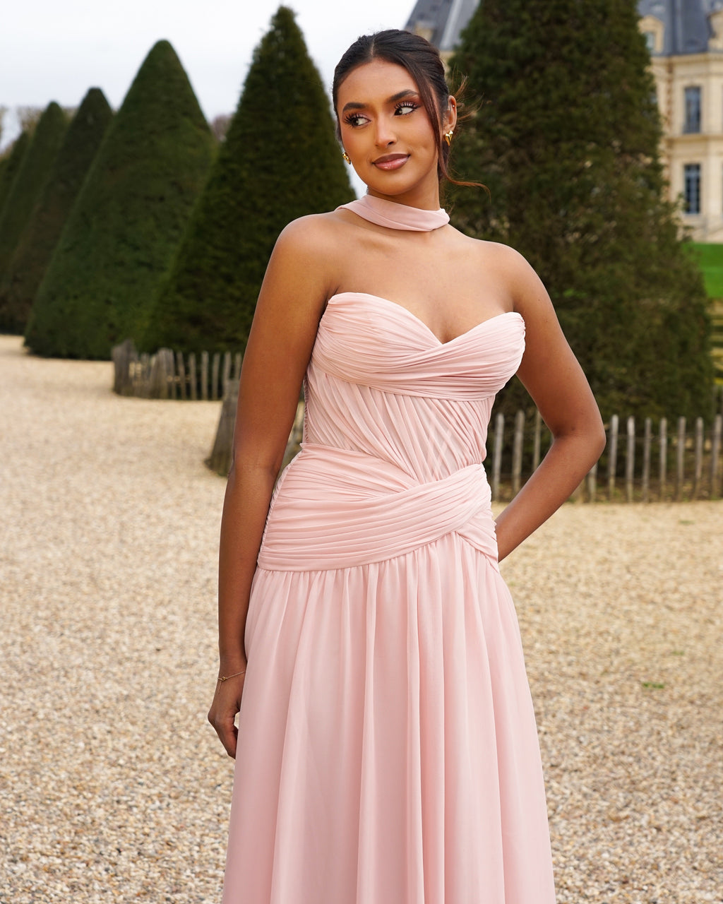 Oriane- Longue robe bustier rose poudré