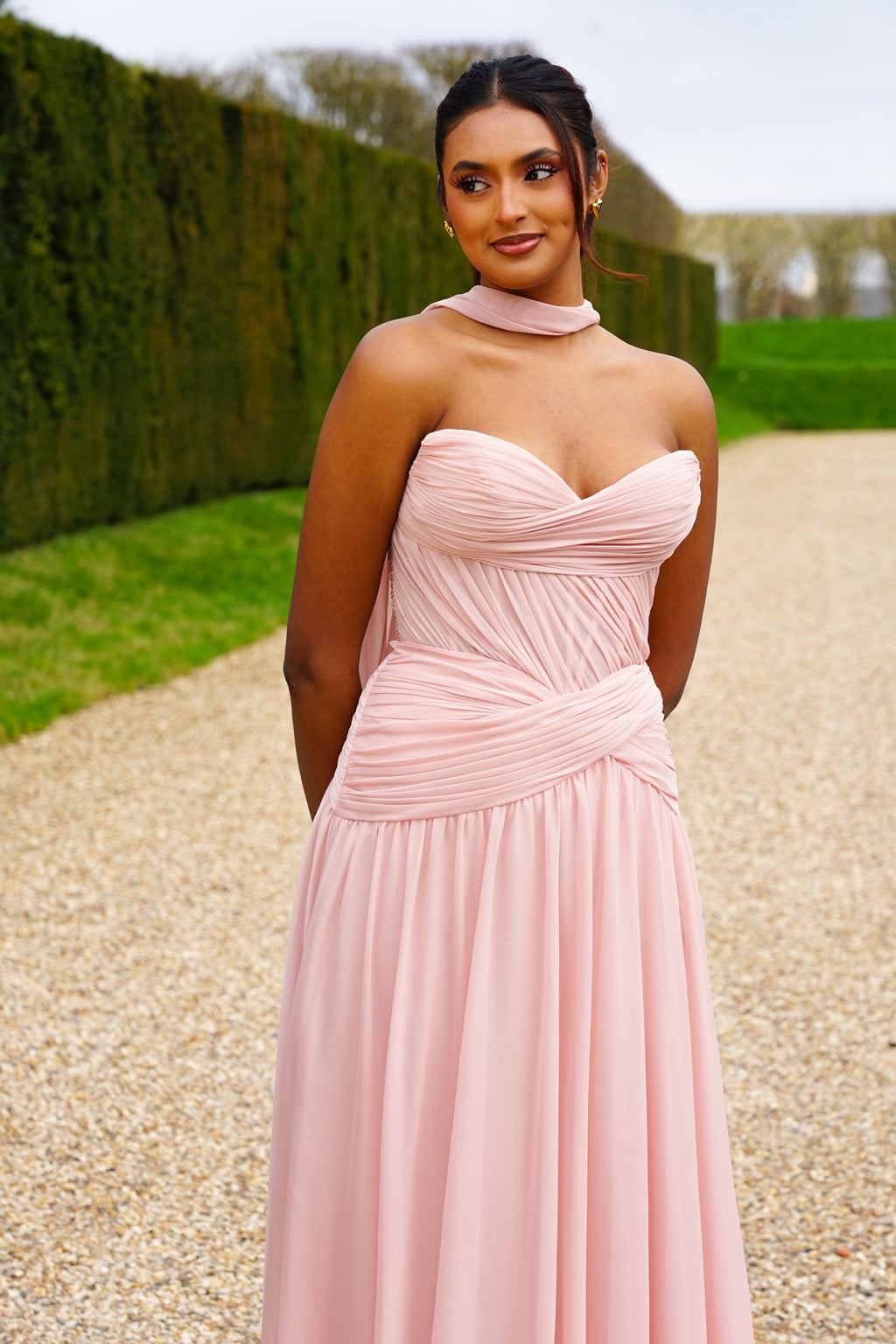 Oriane- Longue robe bustier rose poudré
