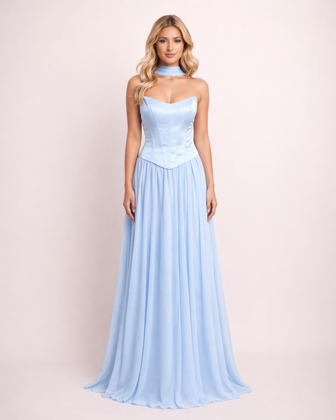 Lily - Longue robe corset jupe fluide bleu ciel