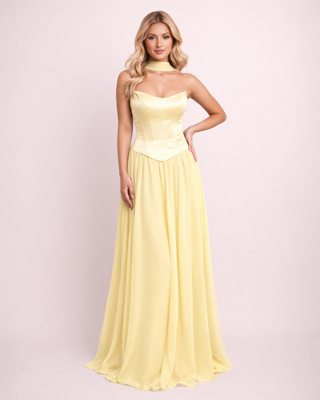 Lily - Longue robe corset jupe fluide jaune pastel