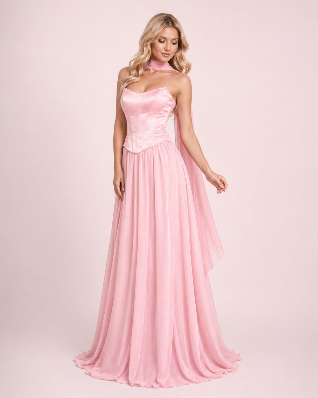 Lily - Longue robe corset jupe fluide rose poudré