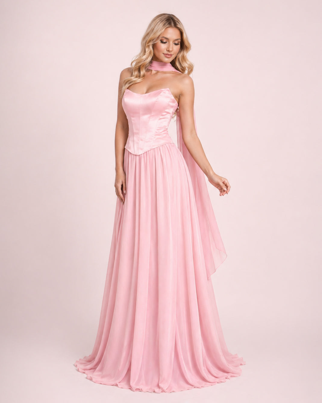 Lily - Longue robe corset jupe fluide rose poudré
