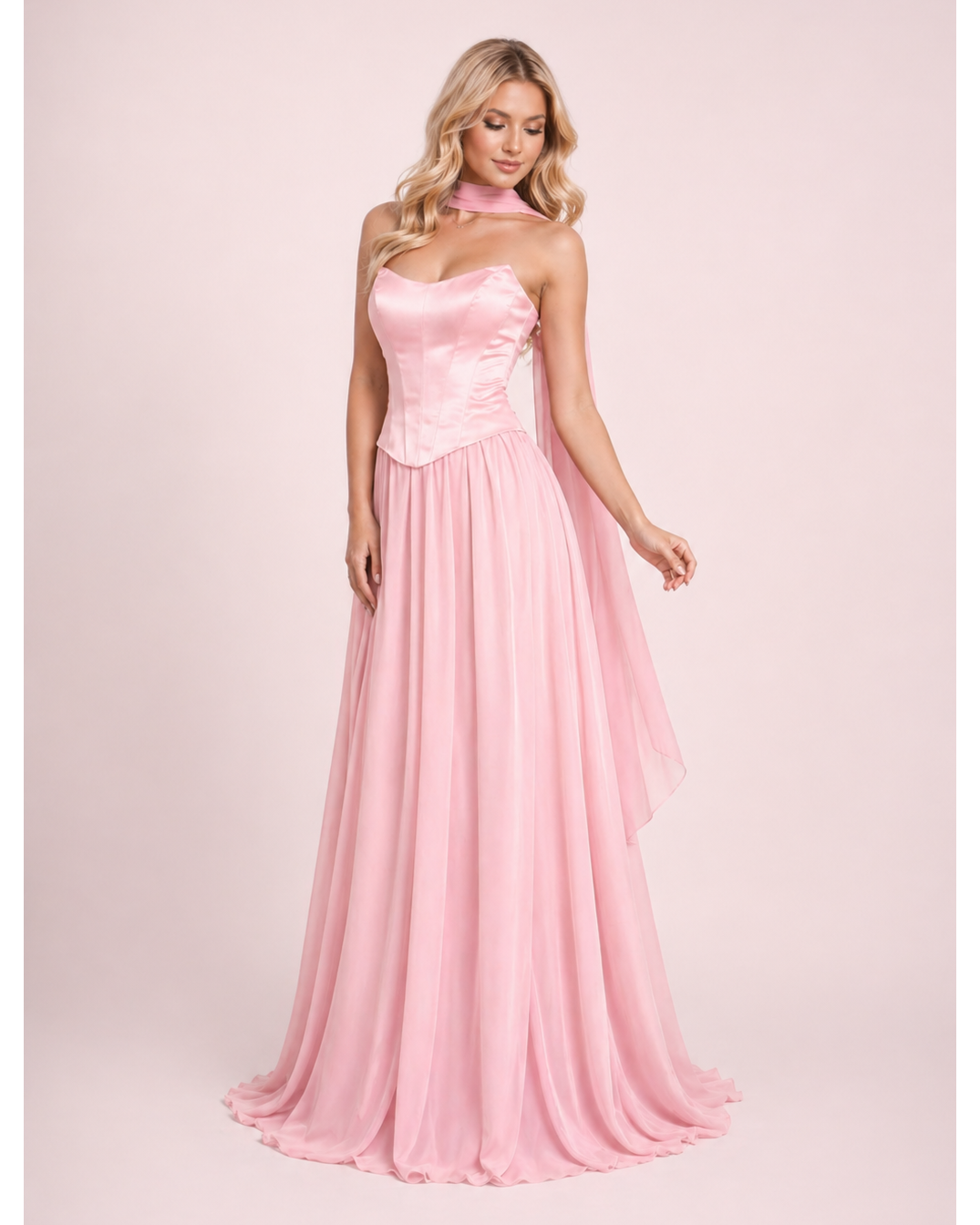 Lily - Longue robe corset jupe fluide rose poudré