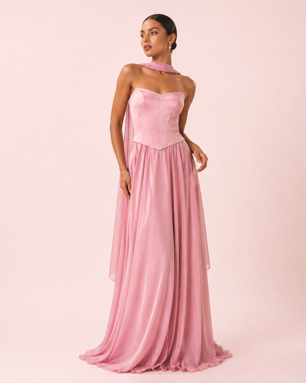 Lily - Longue robe corset jupe fluide rose poussiereux