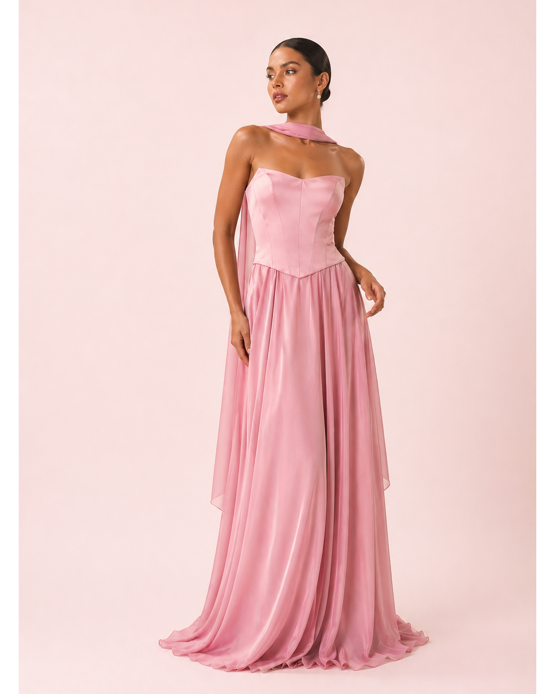 Lily - Longue robe corset jupe fluide rose poussiereux