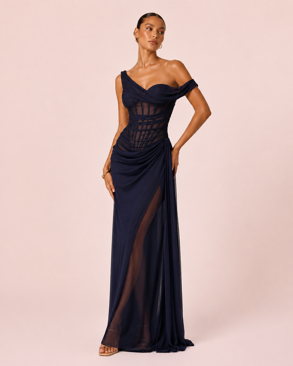 Liora- Longue robe drapée bleu marine