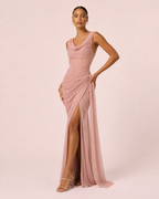 Liora- Longue robe drapée rose poudré