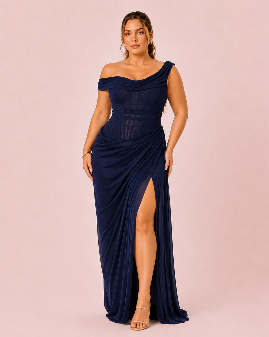 Liora- Longue robe drapée bleu marine