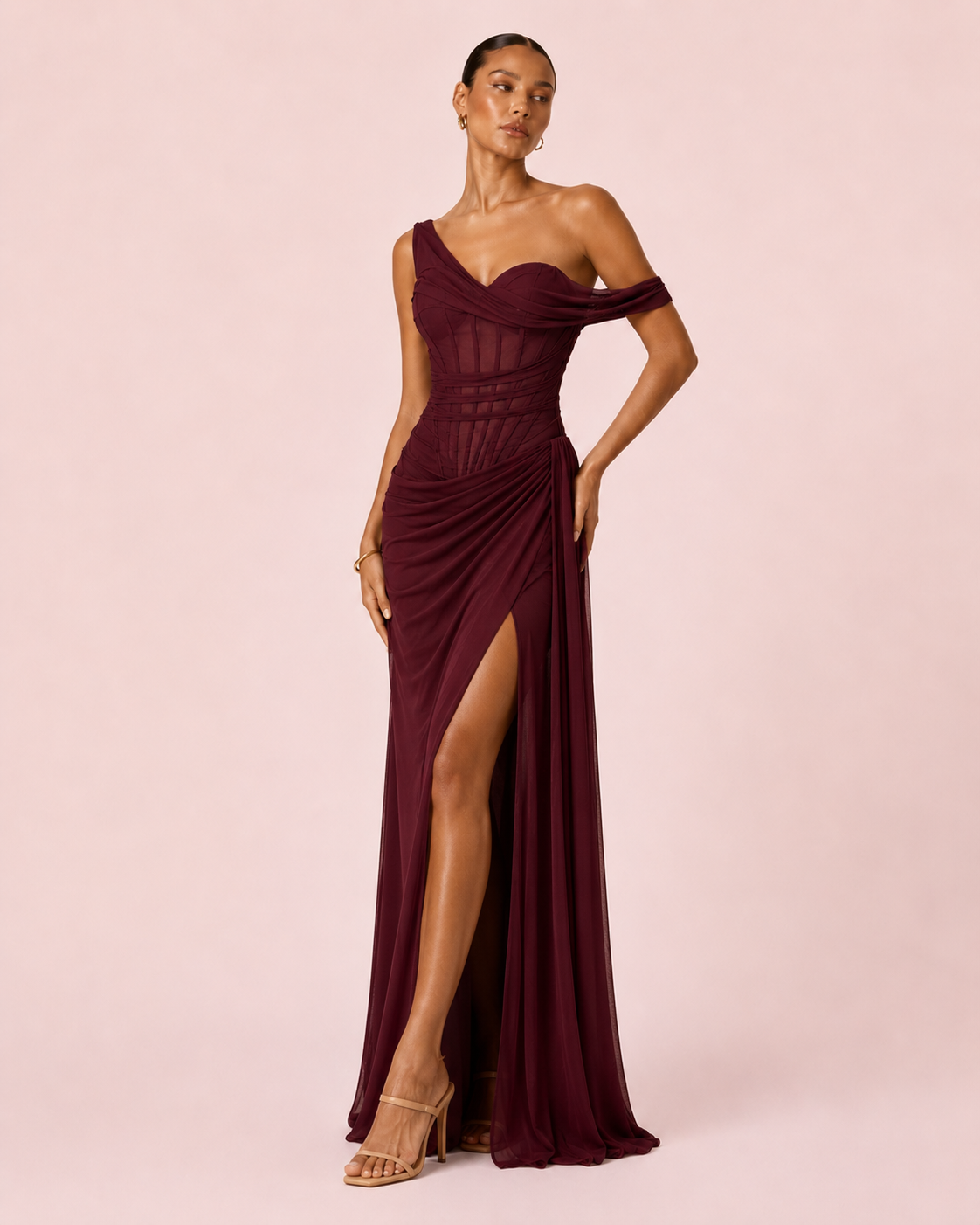 Liora- Longue robe drapée bordeaux
