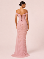 Liora- Longue robe drapée rose poudré
