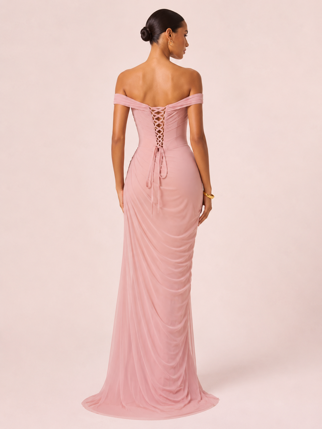 Liora- Longue robe drapée rose poudré