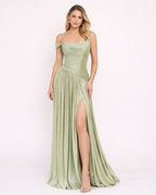 Ludivine - Longue robe satinée verte sauge