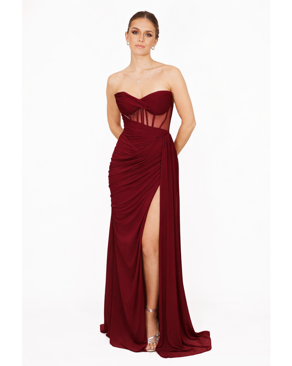 Mariana - Longue robe corset en mousseline bordeaux