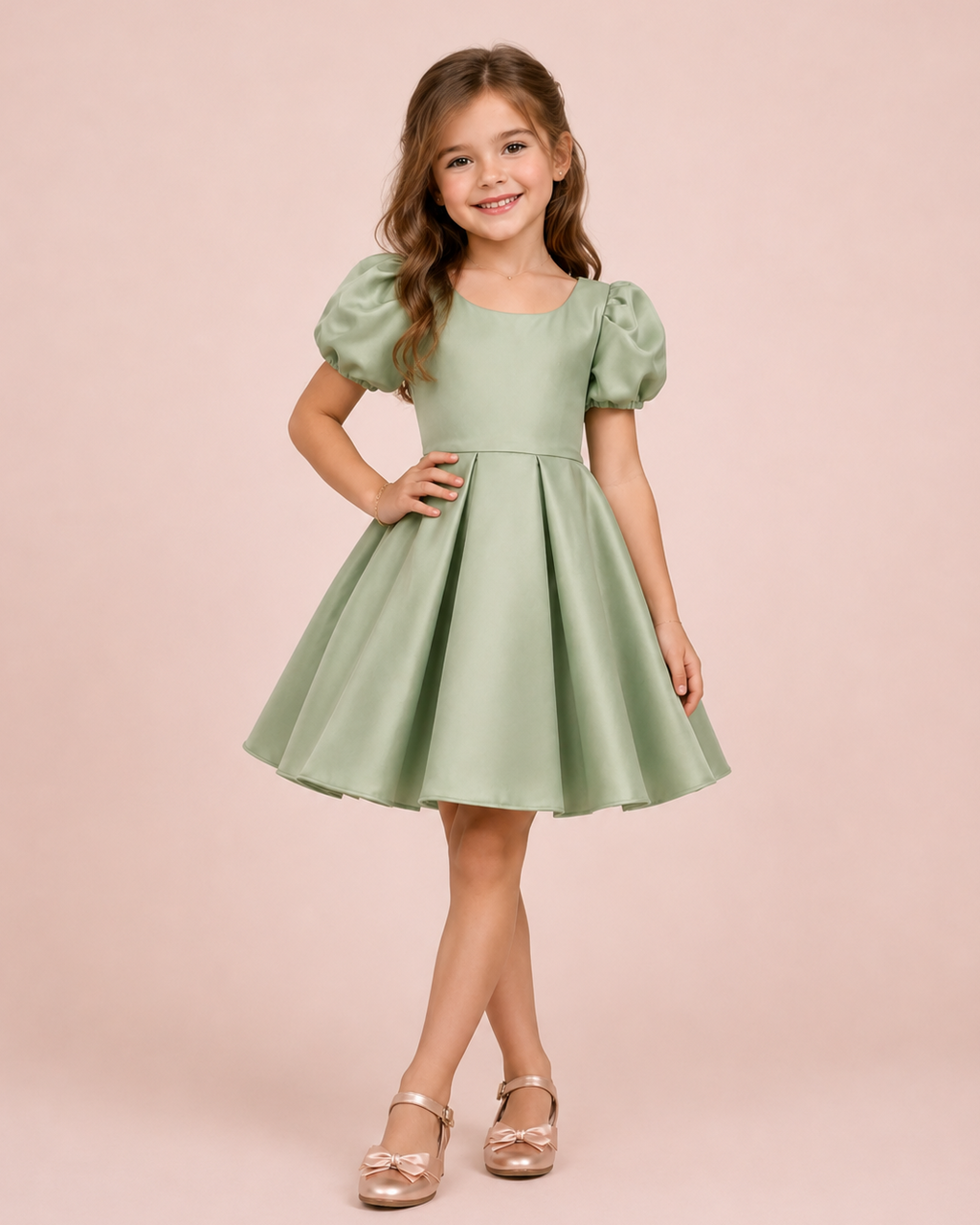 Maya - Robe enfant en satin vert sauge