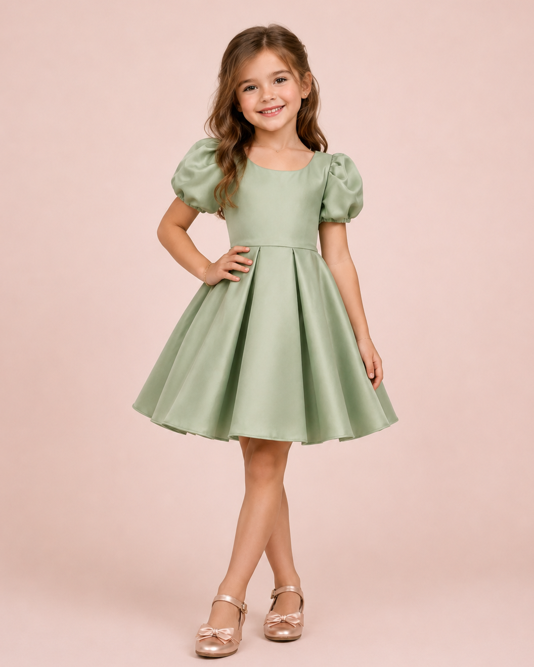 Maya - Robe enfant en satin vert sauge