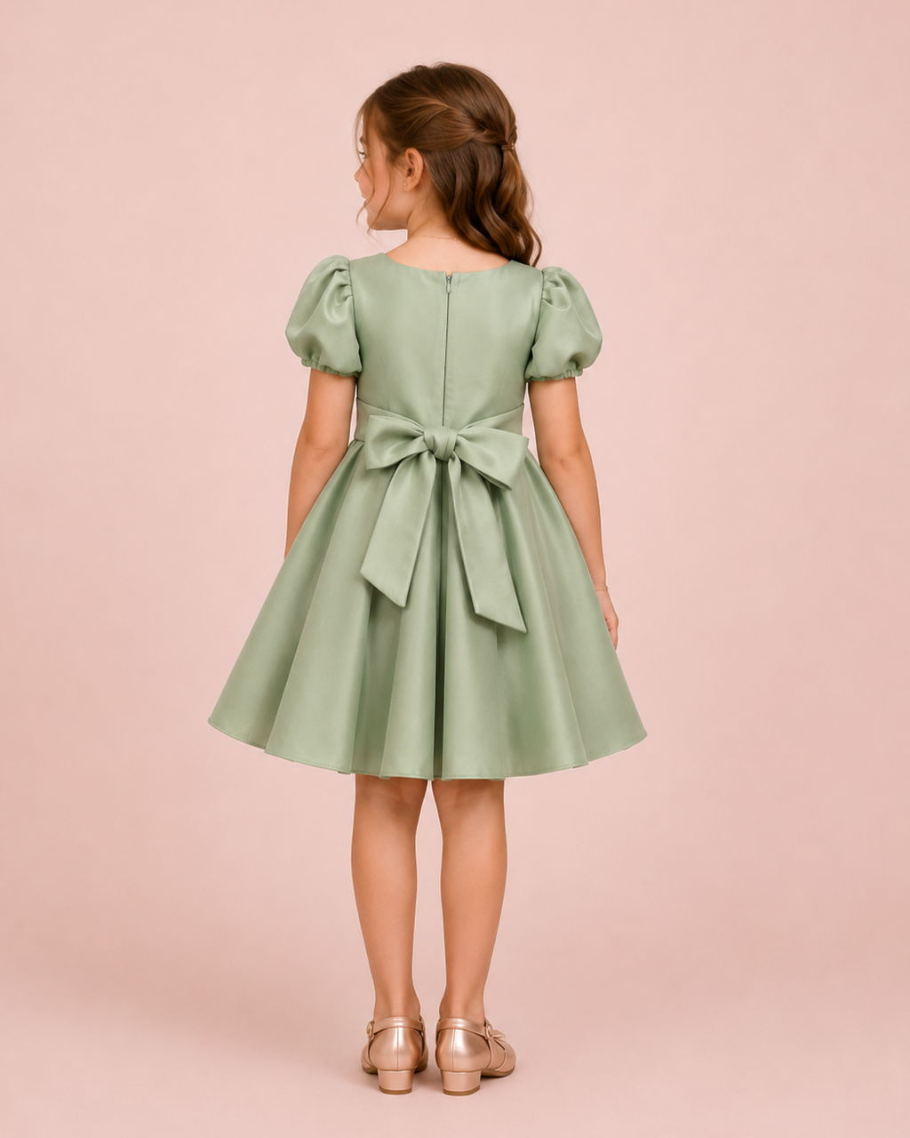Maya - Robe enfant en satin vert sauge