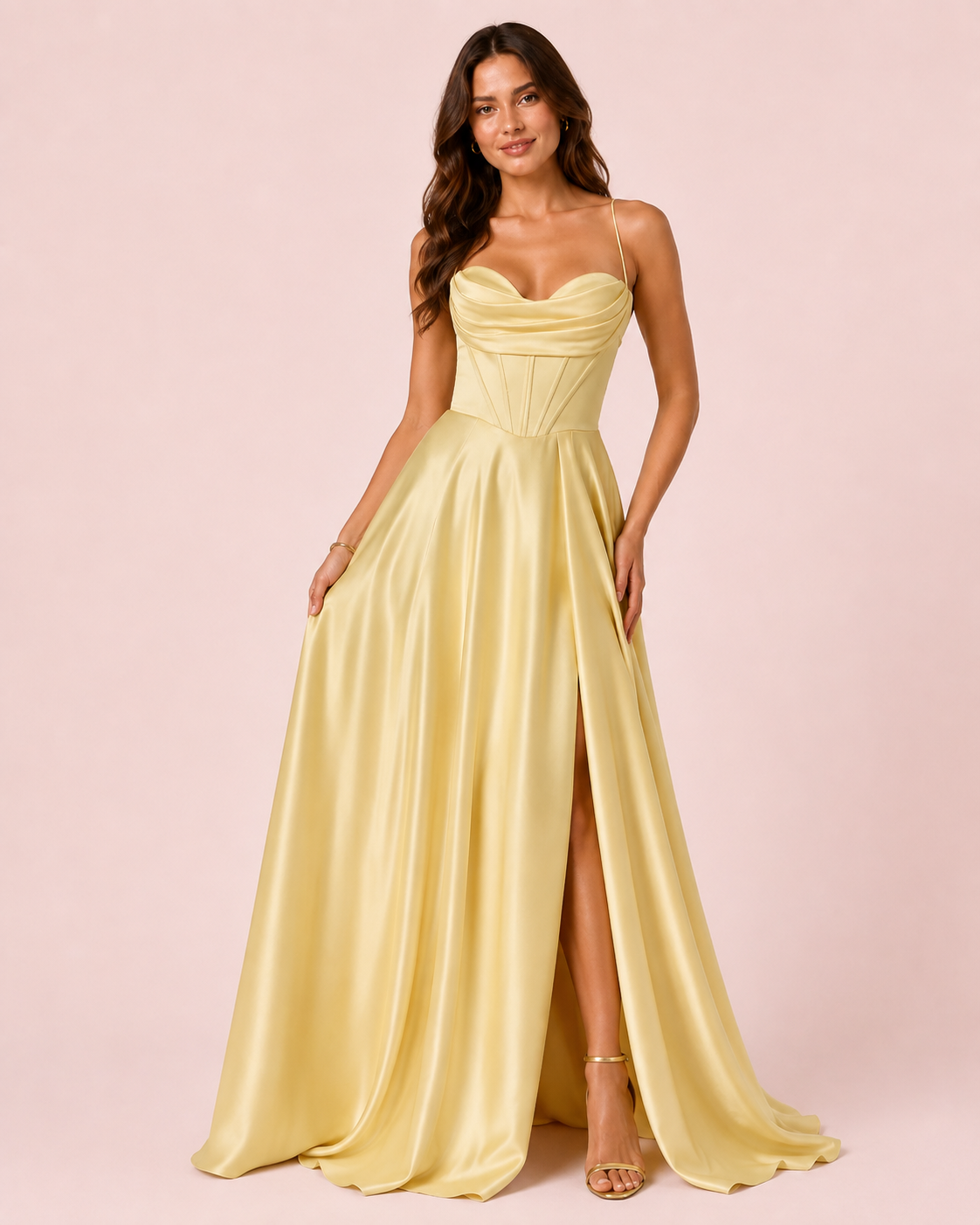 Noa - Robe corset en satin jaune pastel