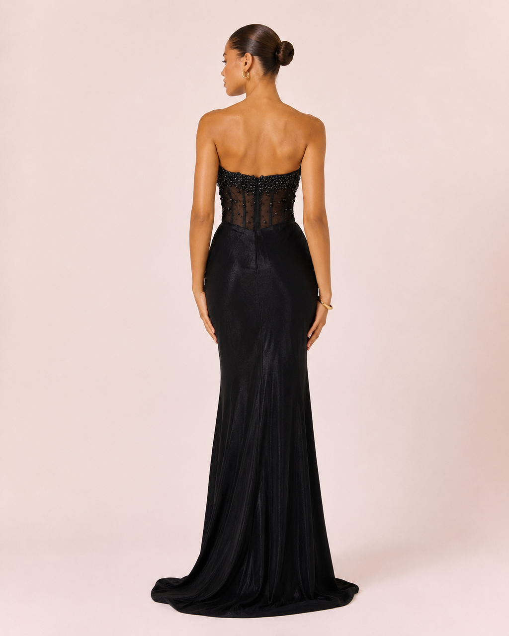 Opale - Robe de soirée noire avec bustier perlé