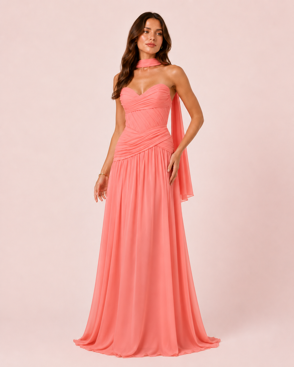 Oriane - Longue robe bustier corail