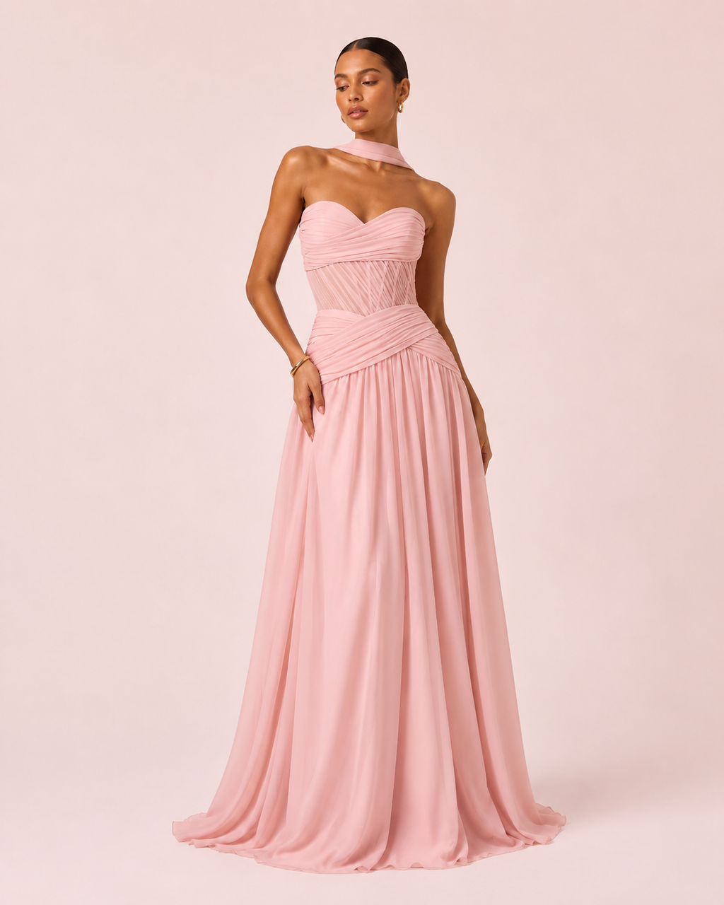 Oriane- Longue robe bustier rose poudré