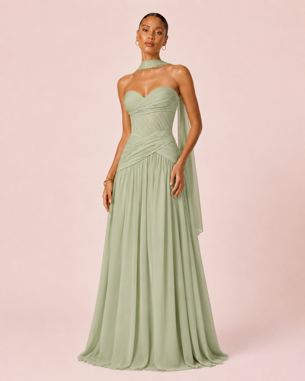Oriane- Longue robe bustier vert sauge