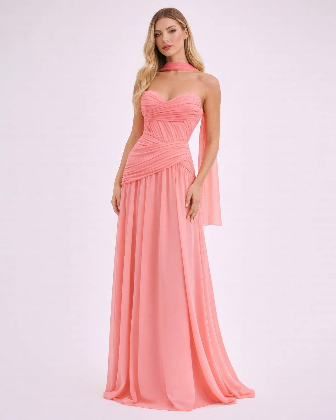 Oriane- Longue robe bustier corail