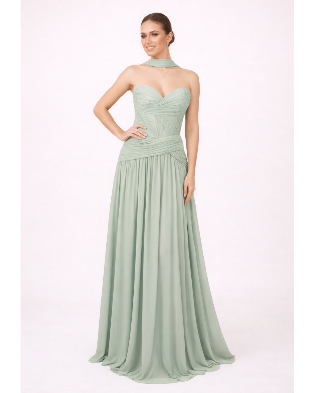 Oriane- Longue robe bustier vert sauge