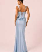 Pauline - Longue robe satinée bleu