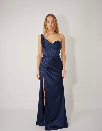 Robe Corset Asymétrique En Satin Bleu Marine