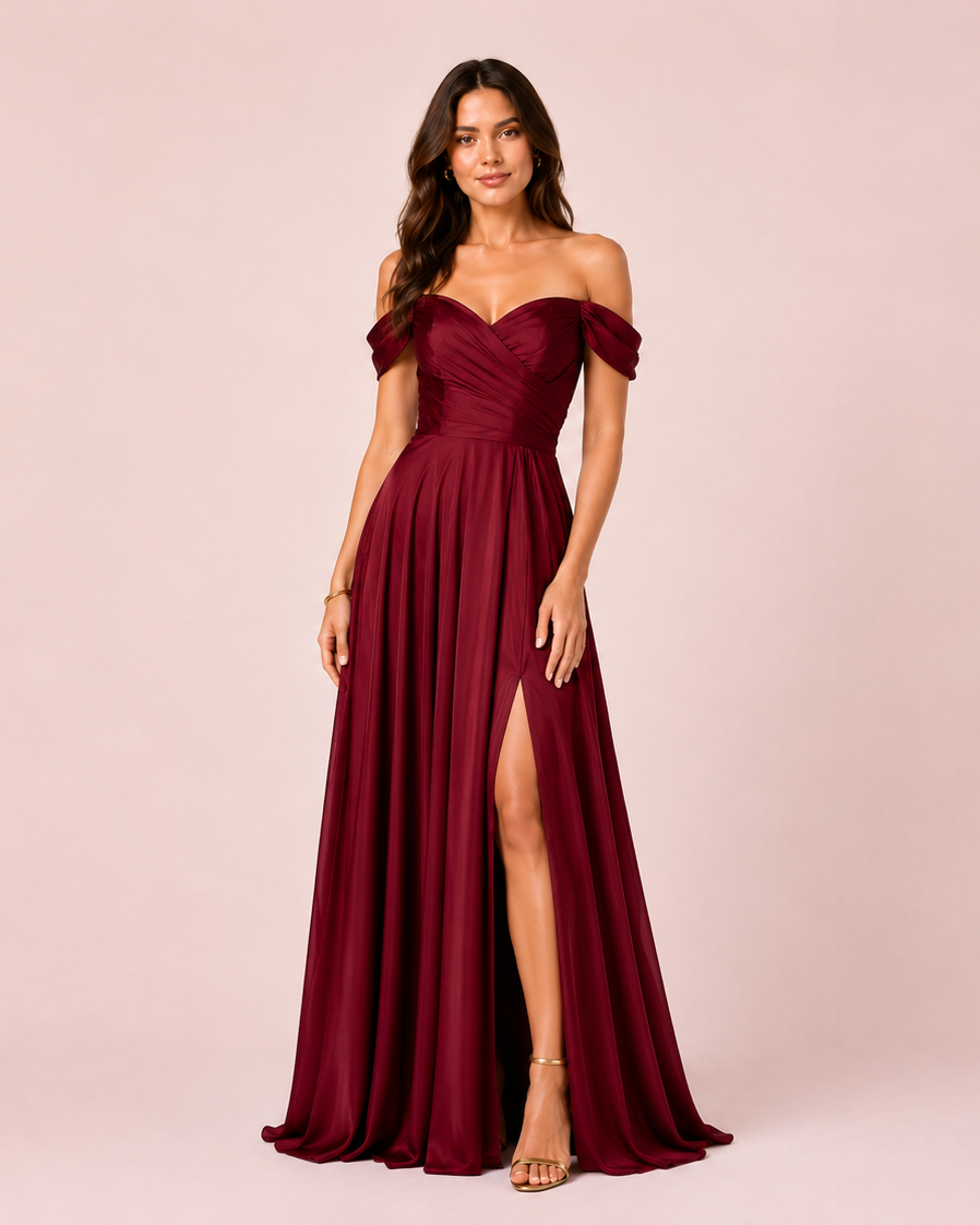 Romy - Robe à épaules dénudées bordeaux