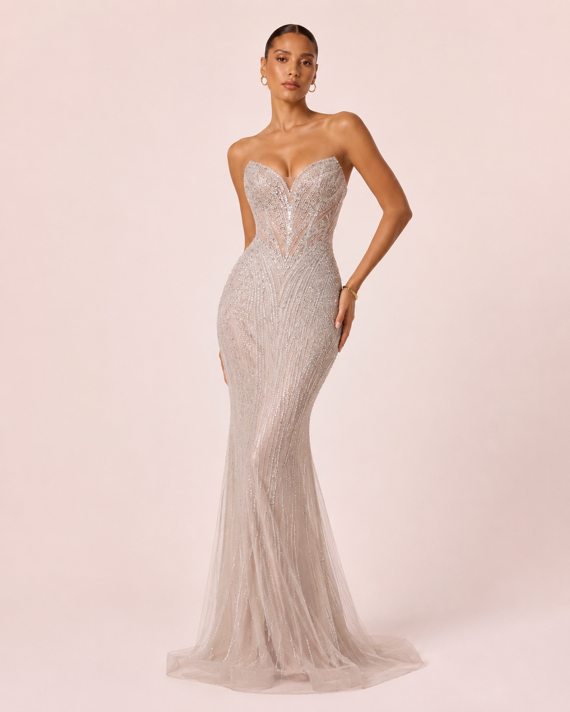 Rosalie - Longue robe perlée champagne