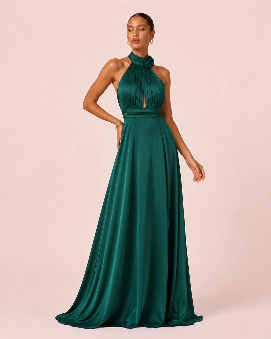 Rose - Longue robe satinée vert émeraude