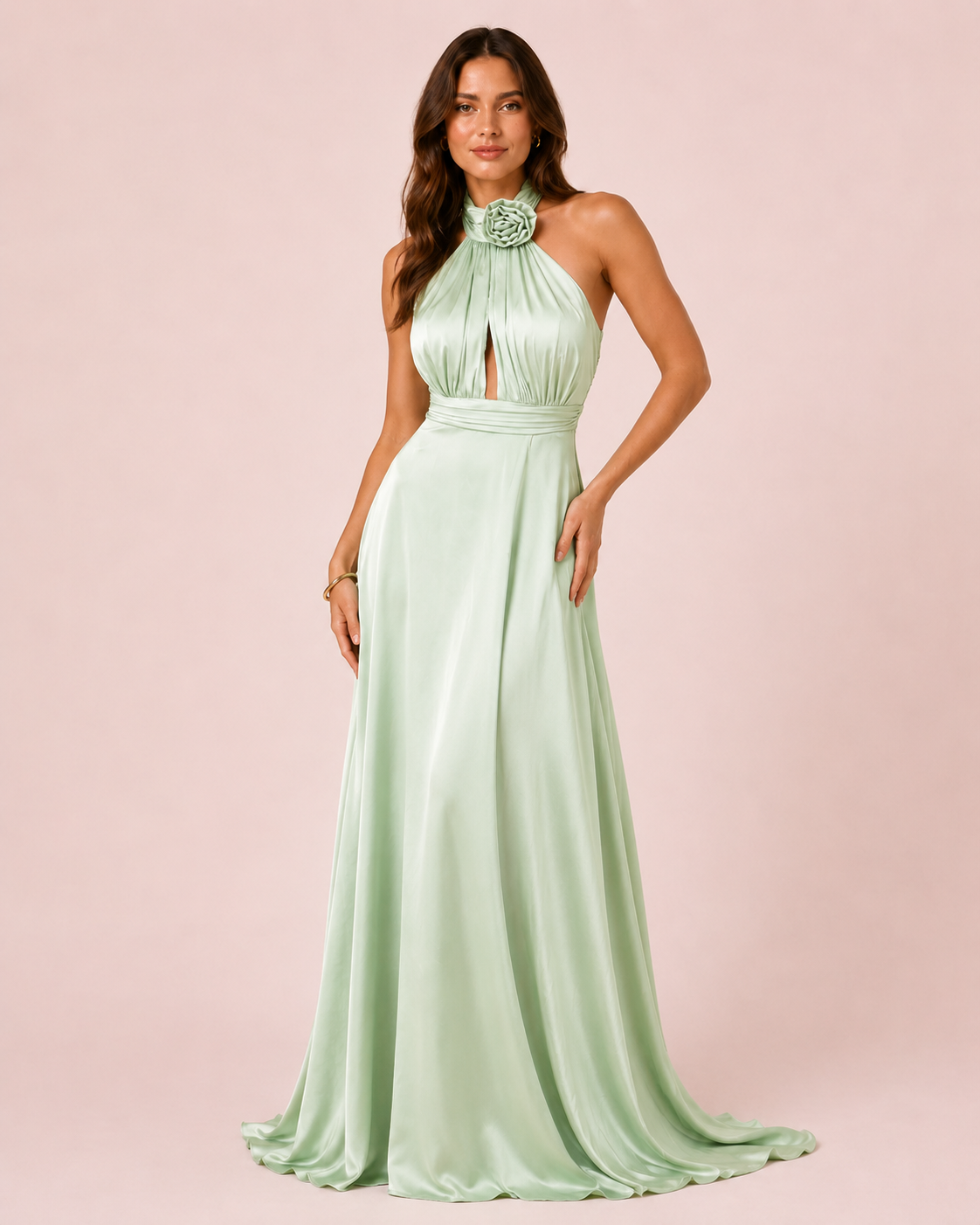 Rose - Longue robe satinée vert sauge