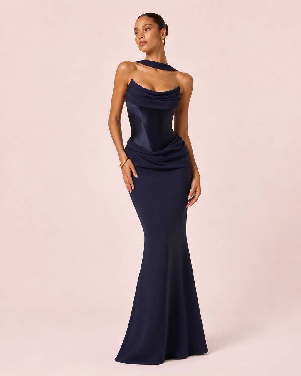Suzane - Robe longue drapée bleu marine