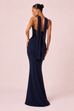 Suzane - Robe longue drapée bleu marine