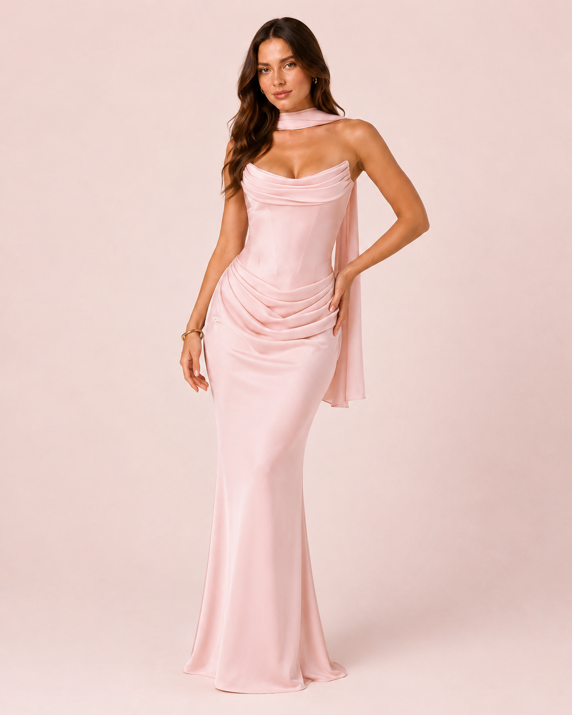 Suzane - Robe longue drapée rose pâle