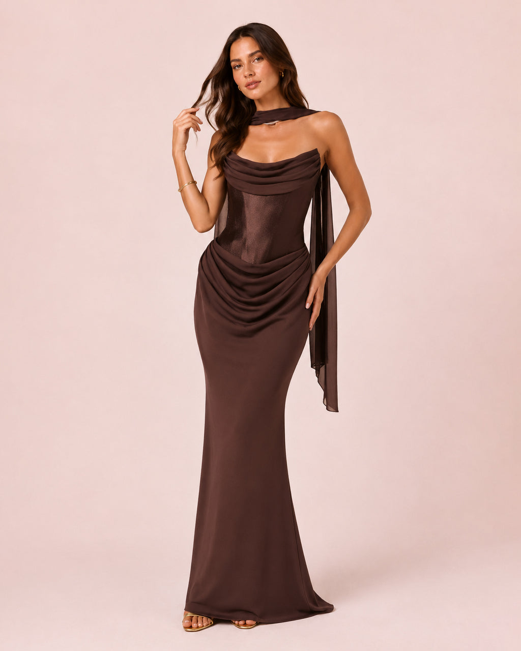 Suzane - Robe longue drapée marron