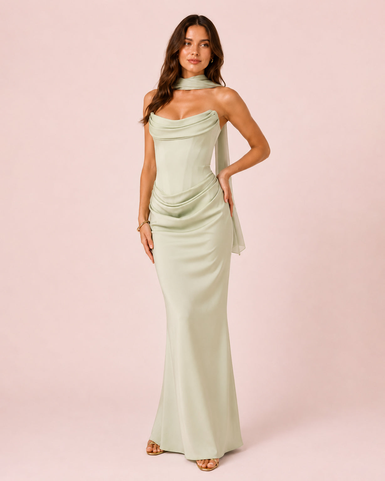 Suzane - Robe longue drapée vert sauge